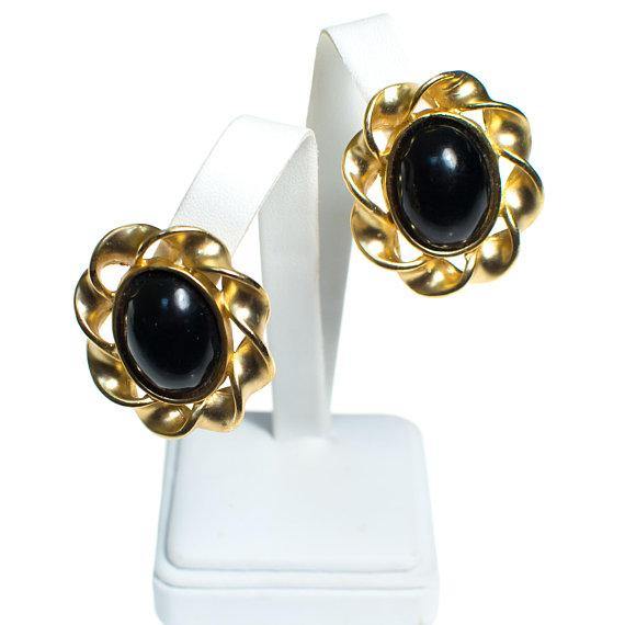 Vintage Karl Lagerfeld Black and Gold Statement Earrings by Karl Lagerfeld - Vintage Meet Modern Vintage Jewelry - Chicago, Illinois - #oldhollywoodglamour #vintagemeetmodern #designervintage #jewelrybox #antiquejewelry #vintagejewelry