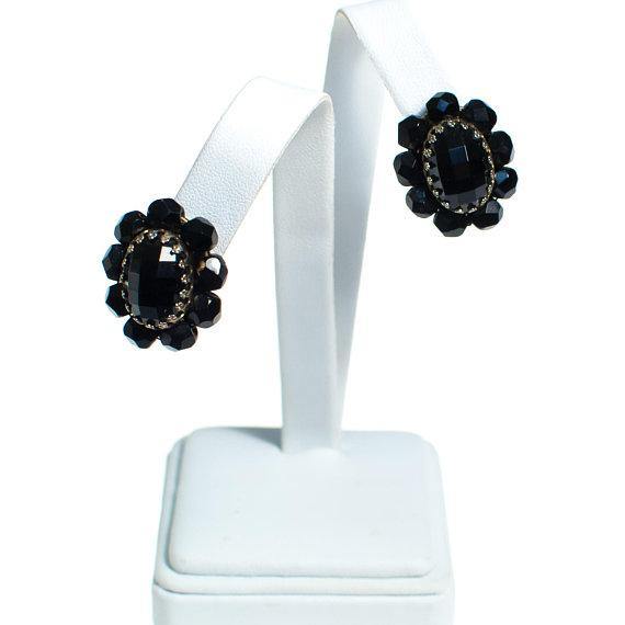 Vintage Jet Black Crystal Beaded Earring Clip On by Jet Black - Vintage Meet Modern Vintage Jewelry - Chicago, Illinois - #oldhollywoodglamour #vintagemeetmodern #designervintage #jewelrybox #antiquejewelry #vintagejewelry