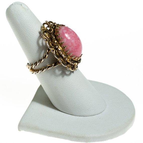 Vintage Pink Art Glass Statement Ring, Adjustable by 1960s - Vintage Meet Modern Vintage Jewelry - Chicago, Illinois - #oldhollywoodglamour #vintagemeetmodern #designervintage #jewelrybox #antiquejewelry #vintagejewelry