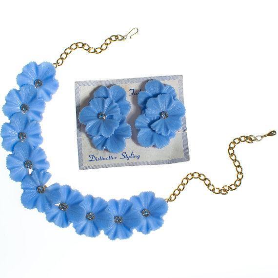 Blue Lucite Flower Clip On Earrings with Pale Blue Rhinestone by 1950s - Vintage Meet Modern Vintage Jewelry - Chicago, Illinois - #oldhollywoodglamour #vintagemeetmodern #designervintage #jewelrybox #antiquejewelry #vintagejewelry