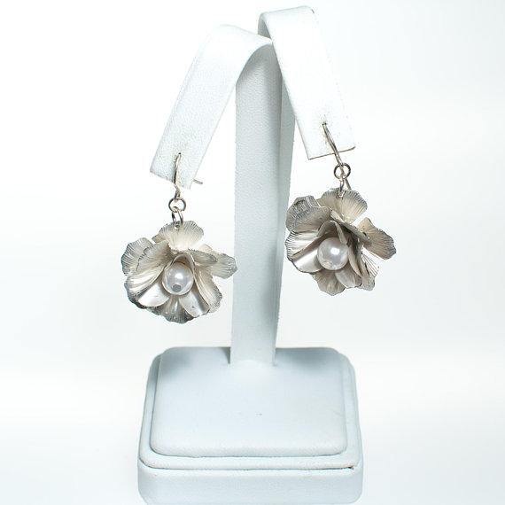 Vintage Silver Camellia Flower Earrings with Pearl Centers by Camellia - Vintage Meet Modern Vintage Jewelry - Chicago, Illinois - #oldhollywoodglamour #vintagemeetmodern #designervintage #jewelrybox #antiquejewelry #vintagejewelry