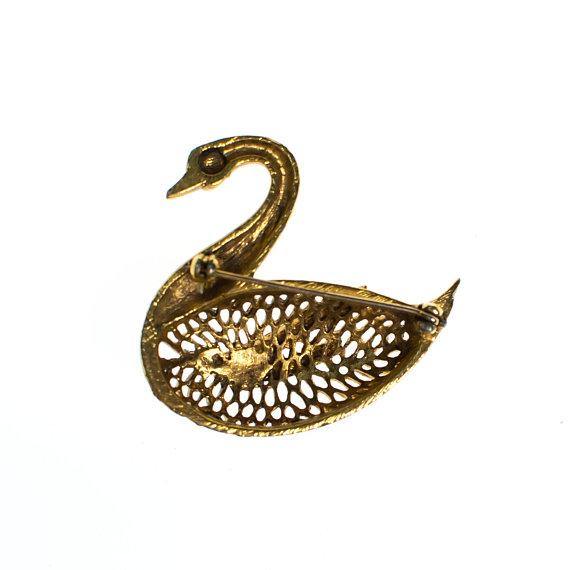Vintage Gold Swan Brooch with Rhinestones by 1960s - Vintage Meet Modern Vintage Jewelry - Chicago, Illinois - #oldhollywoodglamour #vintagemeetmodern #designervintage #jewelrybox #antiquejewelry #vintagejewelry