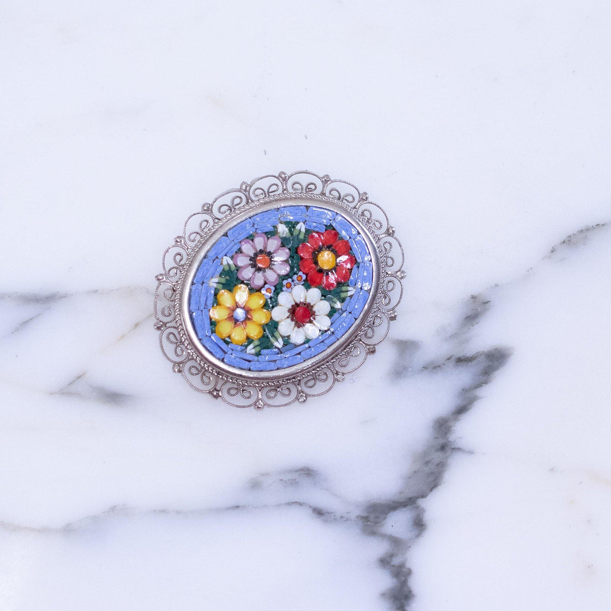 Vintage Made in Italy Colorful Mosaic Flower Brooch with Scalloped Silver Filigree Frame
