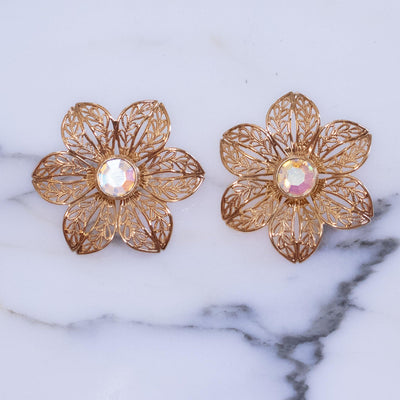 Vintage Gold Filigree Flower Earrings with Aurora Borealis Centers by Unsigned Beauty - Vintage Meet Modern Vintage Jewelry - Chicago, Illinois - #oldhollywoodglamour #vintagemeetmodern #designervintage #jewelrybox #antiquejewelry #vintagejewelry