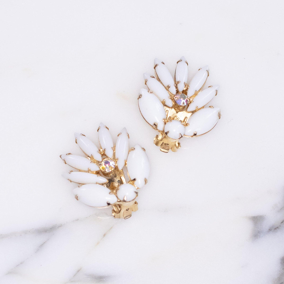Vintage Milk Glass and Aurora Borealis Statement Earrings