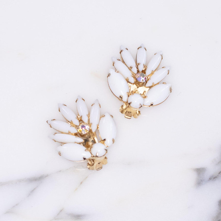 Vintage Milk Glass and Aurora Borealis Statement Earrings by Unsigned Beauty - Vintage Meet Modern Vintage Jewelry - Chicago, Illinois - #oldhollywoodglamour #vintagemeetmodern #designervintage #jewelrybox #antiquejewelry #vintagejewelry