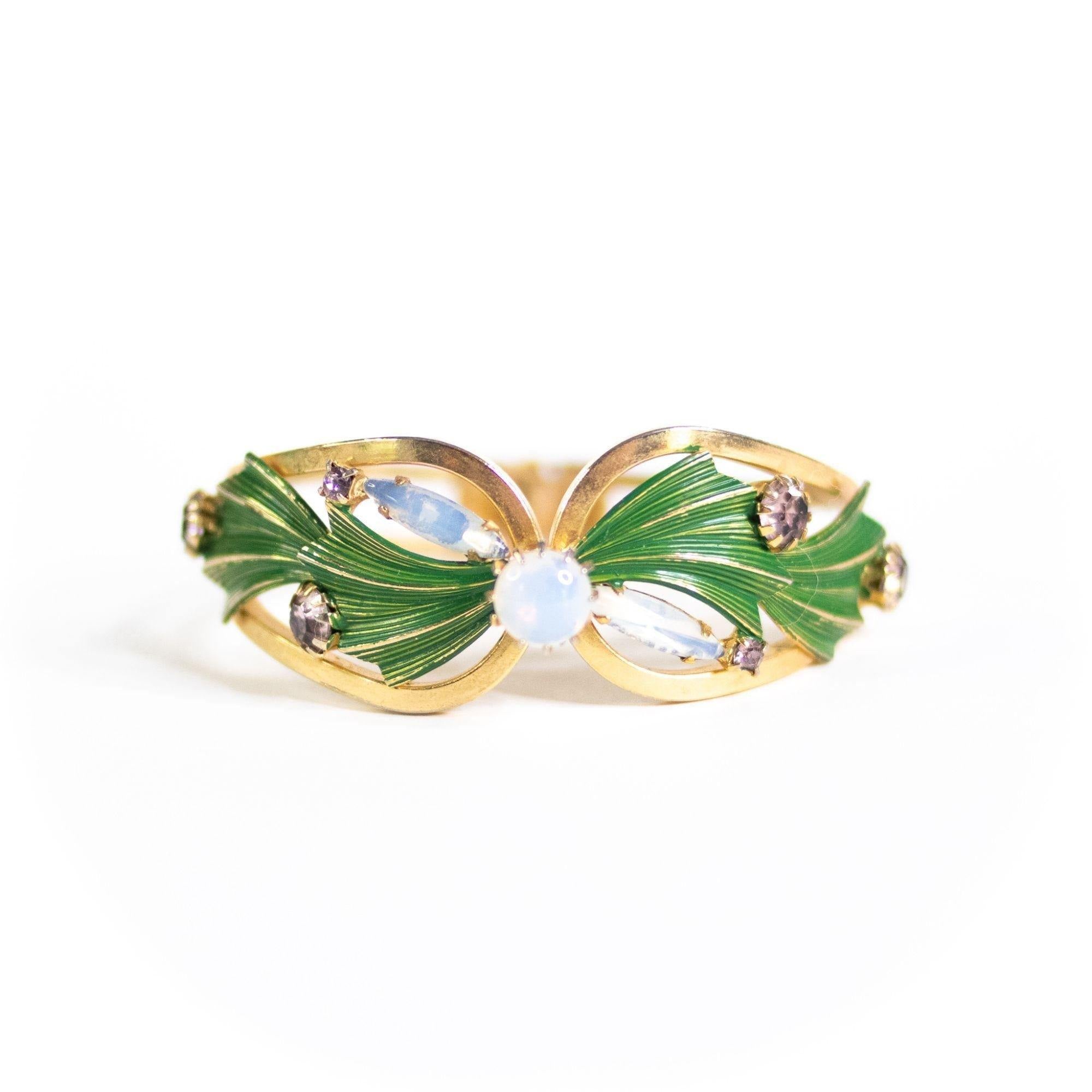 Vintage Green Leaves with Opaline Crystal Clamper Bracelet by Unsigned Beauty - Vintage Meet Modern Vintage Jewelry - Chicago, Illinois - #oldhollywoodglamour #vintagemeetmodern #designervintage #jewelrybox #antiquejewelry #vintagejewelry