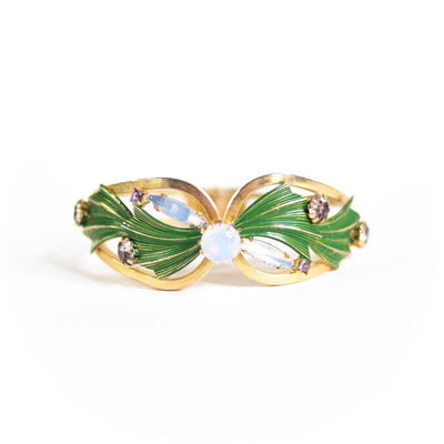 Vintage Green Leaves with Opaline Crystal Clamper Bracelet by Unsigned Beauty - Vintage Meet Modern Vintage Jewelry - Chicago, Illinois - #oldhollywoodglamour #vintagemeetmodern #designervintage #jewelrybox #antiquejewelry #vintagejewelry