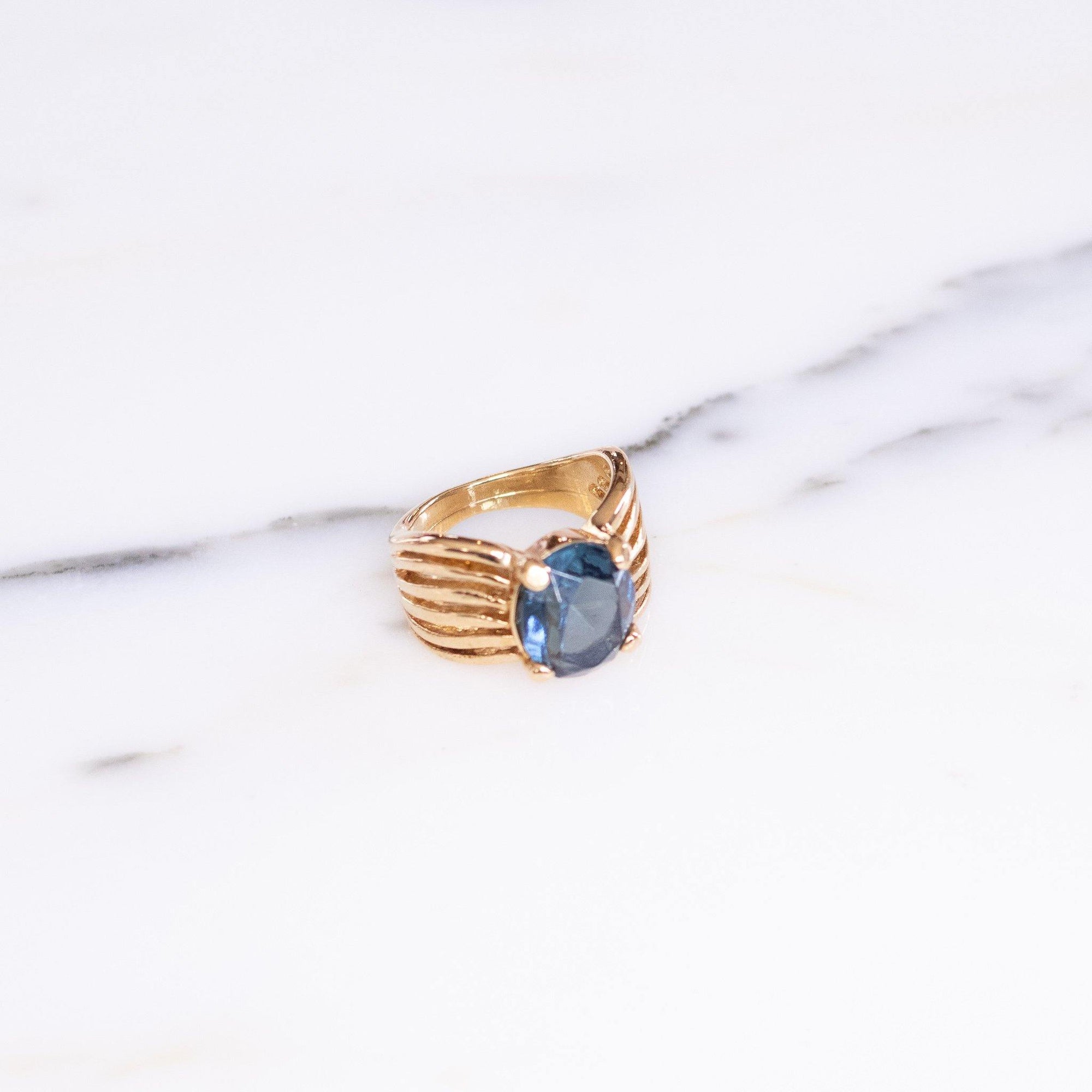 Vintage 18kt Gold Plated Wide Band Cocktail Ring with Blue Crystal Center Stone by Unsigned - Vintage Meet Modern Vintage Jewelry - Chicago, Illinois - #oldhollywoodglamour #vintagemeetmodern #designervintage #jewelrybox #antiquejewelry #vintagejewelry