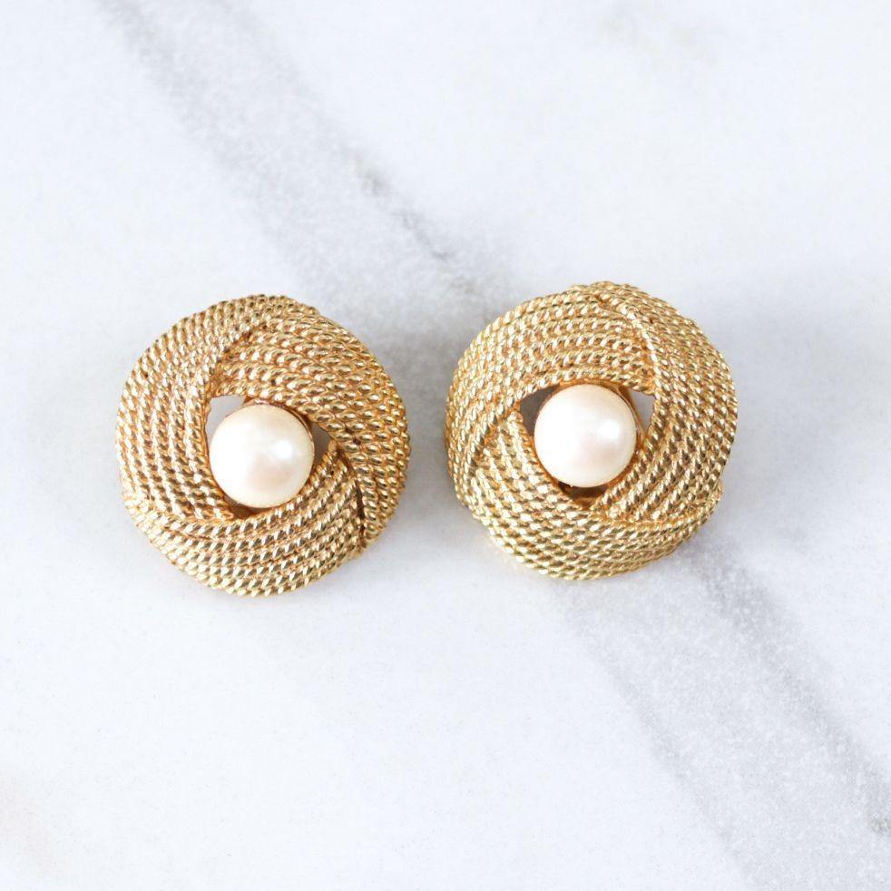 Vintage Mimi Di Ni Faux Pearl Gold Knot Style Statement Earrings by Mimi Di Ni - Vintage Meet Modern Vintage Jewelry - Chicago, Illinois - #oldhollywoodglamour #vintagemeetmodern #designervintage #jewelrybox #antiquejewelry #vintagejewelry