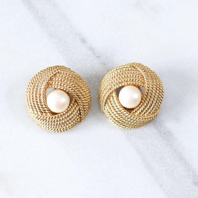 Vintage Mimi Di Ni Faux Pearl Gold Knot Style Statement Earrings by Mimi Di Ni - Vintage Meet Modern Vintage Jewelry - Chicago, Illinois - #oldhollywoodglamour #vintagemeetmodern #designervintage #jewelrybox #antiquejewelry #vintagejewelry