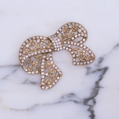 Vintage Gold Bow Brooch with Floral Design and Diamante Rhinestones by Unsigned - Vintage Meet Modern Vintage Jewelry - Chicago, Illinois - #oldhollywoodglamour #vintagemeetmodern #designervintage #jewelrybox #antiquejewelry #vintagejewelry