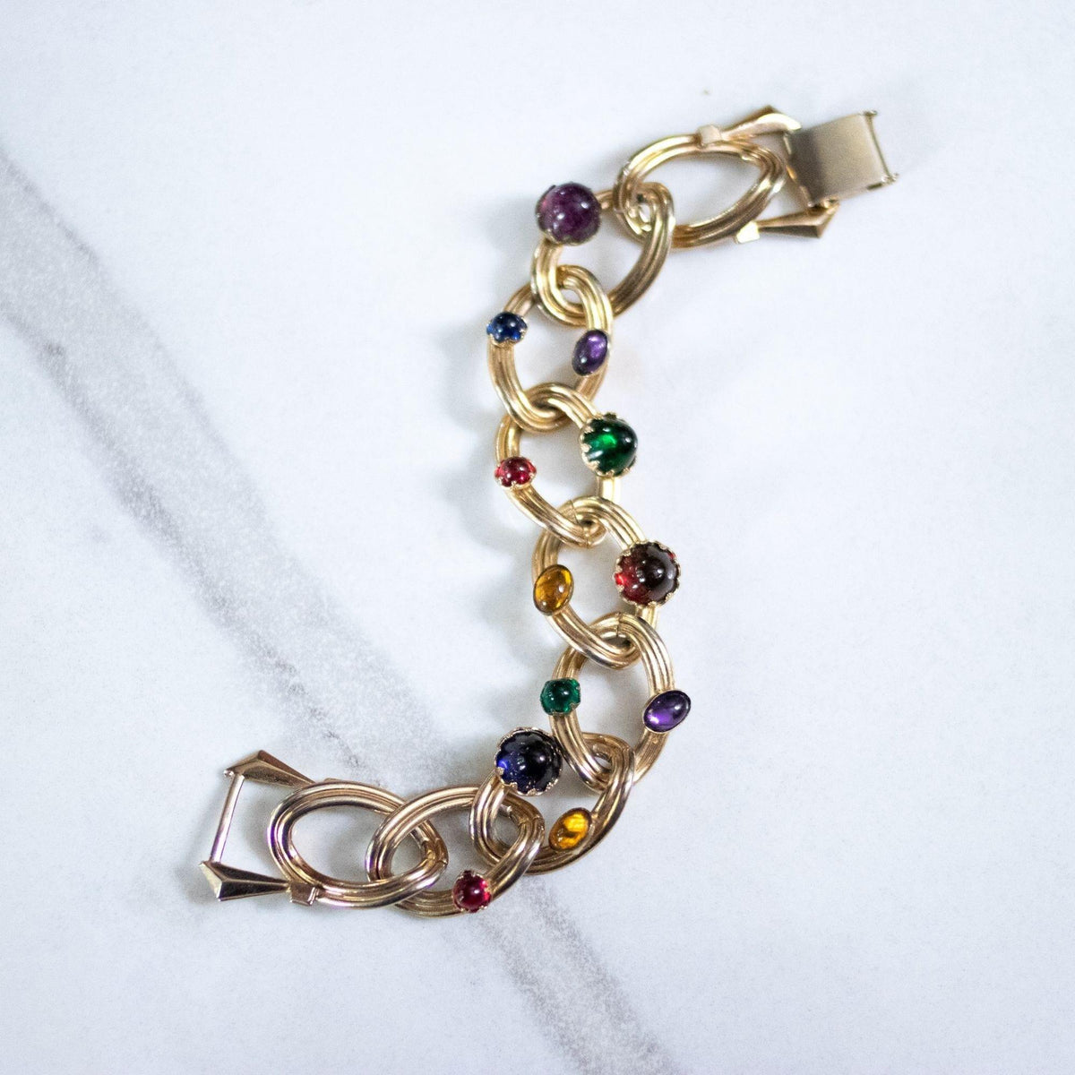 Vintage Marino Chunky Gold Link Bracelet with Colorful Cabochons