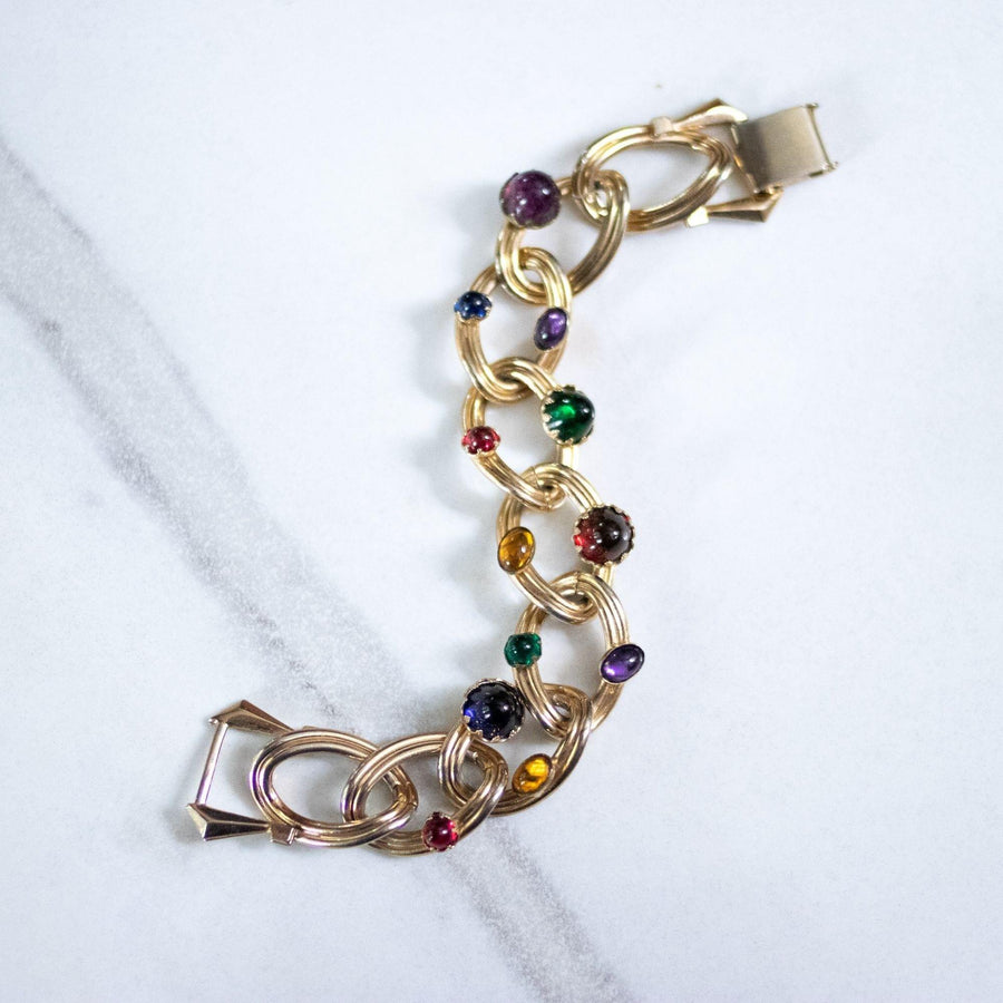 Vintage Marino Chunky Gold Link Bracelet with Colorful Cabochons by Marino - Vintage Meet Modern Vintage Jewelry - Chicago, Illinois - #oldhollywoodglamour #vintagemeetmodern #designervintage #jewelrybox #antiquejewelry #vintagejewelry