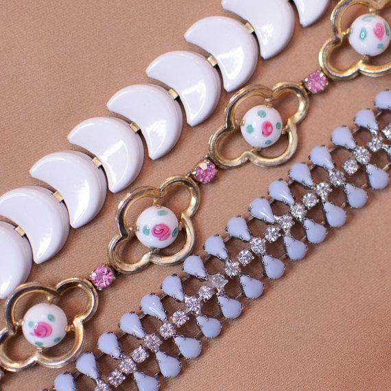 Vintage Art Deco Blue Milk Glass and Diamante Rhinestone Bracelet by Art Deco - Vintage Meet Modern Vintage Jewelry - Chicago, Illinois - #oldhollywoodglamour #vintagemeetmodern #designervintage #jewelrybox #antiquejewelry #vintagejewelry