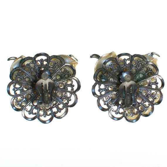 Vintage Silver Tone Large Lily of the Valley Flower Statement Earrings, Lucite Leaves, Faux Pearls, Clip-on by 1950s - Vintage Meet Modern Vintage Jewelry - Chicago, Illinois - #oldhollywoodglamour #vintagemeetmodern #designervintage #jewelrybox #antiquejewelry #vintagejewelry