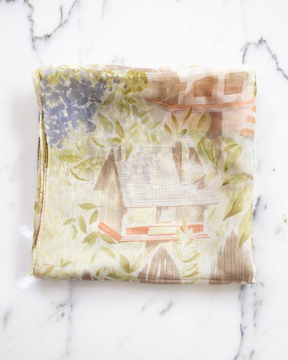 Ralph Lauren Birdhouse and Floral Design 100% Silk Scarf, Garden Scene by Ralph Lauren - Vintage Meet Modern Vintage Jewelry - Chicago, Illinois - #oldhollywoodglamour #vintagemeetmodern #designervintage #jewelrybox #antiquejewelry #vintagejewelry