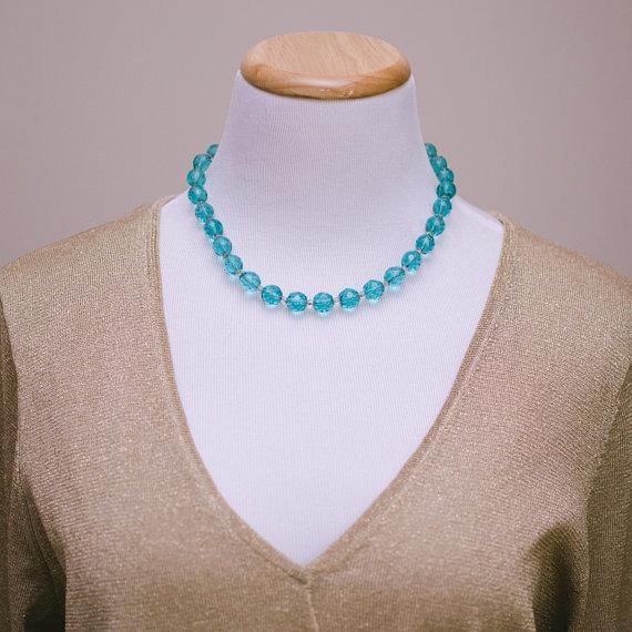 Vintage Czech Aqua Faceted Crystal Beaded Necklace by Czech Republic - Vintage Meet Modern Vintage Jewelry - Chicago, Illinois - #oldhollywoodglamour #vintagemeetmodern #designervintage #jewelrybox #antiquejewelry #vintagejewelry
