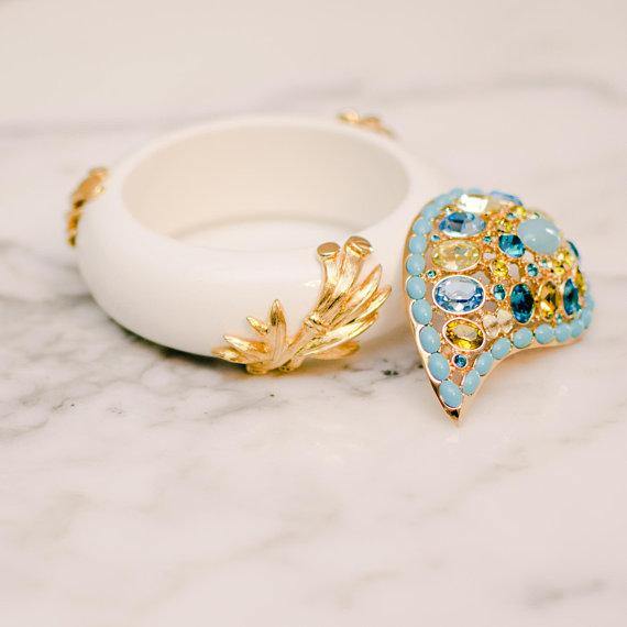 Vintage Monet White Bangle Bracelet with Gold Leaves by 1970s - Vintage Meet Modern Vintage Jewelry - Chicago, Illinois - #oldhollywoodglamour #vintagemeetmodern #designervintage #jewelrybox #antiquejewelry #vintagejewelry
