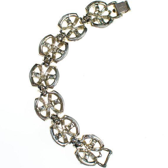 Vintage Signed Coro Bracelet, Silver Tone, Iridescent Blue Rhinestones, 1950's Bracelet by 1950s - Vintage Meet Modern Vintage Jewelry - Chicago, Illinois - #oldhollywoodglamour #vintagemeetmodern #designervintage #jewelrybox #antiquejewelry #vintagejewelry