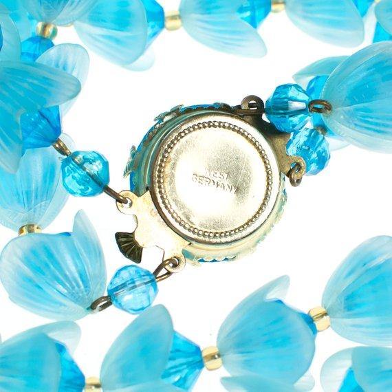 Vintage Gold Tone Blue Lucite Necklace, West Germany, Blue Lucite Flowers by 1960s - Vintage Meet Modern Vintage Jewelry - Chicago, Illinois - #oldhollywoodglamour #vintagemeetmodern #designervintage #jewelrybox #antiquejewelry #vintagejewelry