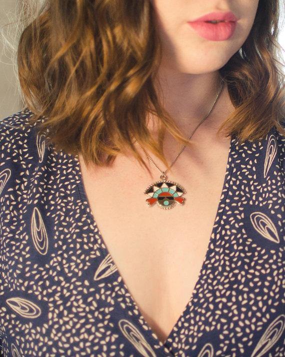 Vintage Zuni Mask Man Painted Enamel Pendant Necklace by Zuni - Vintage Meet Modern Vintage Jewelry - Chicago, Illinois - #oldhollywoodglamour #vintagemeetmodern #designervintage #jewelrybox #antiquejewelry #vintagejewelry