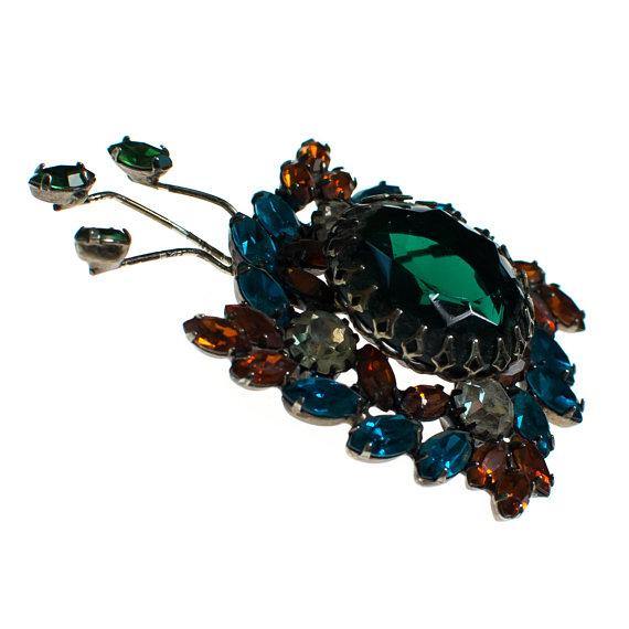 Vintage Aqua, Amber, and Diamante Rhinestone Spray Style Rhinestone Brooch by 1960s - Vintage Meet Modern Vintage Jewelry - Chicago, Illinois - #oldhollywoodglamour #vintagemeetmodern #designervintage #jewelrybox #antiquejewelry #vintagejewelry
