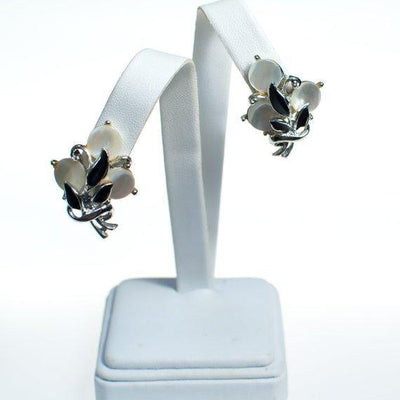 Vintage Silver Tone Flower Earrings, Mother of Pearl Discs, Black Painted Leaves, Screw Back by 1950s - Vintage Meet Modern Vintage Jewelry - Chicago, Illinois - #oldhollywoodglamour #vintagemeetmodern #designervintage #jewelrybox #antiquejewelry #vintagejewelry