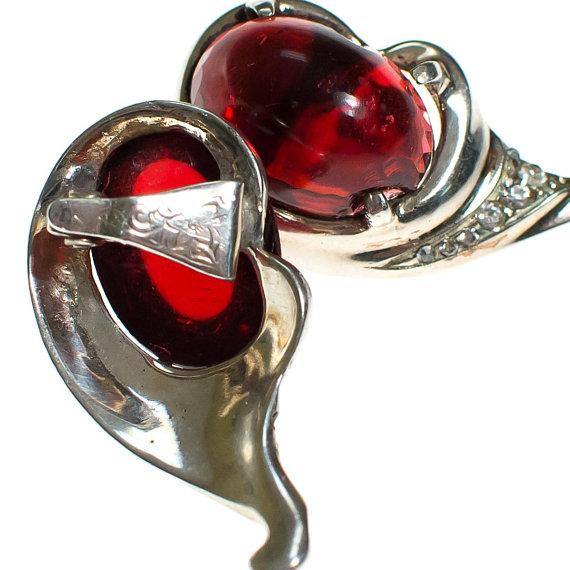 Vintage 1940s Crown Trifari Ruby Crystal Cabochon Silver Earrings by 1940s - Vintage Meet Modern Vintage Jewelry - Chicago, Illinois - #oldhollywoodglamour #vintagemeetmodern #designervintage #jewelrybox #antiquejewelry #vintagejewelry