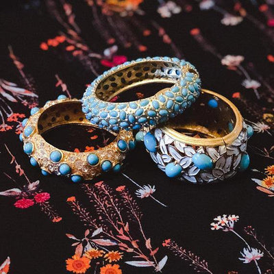 Vintage Rhinestone and Turquoise Cabochon Hinged Bangle Bracelet by 1960s - Vintage Meet Modern Vintage Jewelry - Chicago, Illinois - #oldhollywoodglamour #vintagemeetmodern #designervintage #jewelrybox #antiquejewelry #vintagejewelry