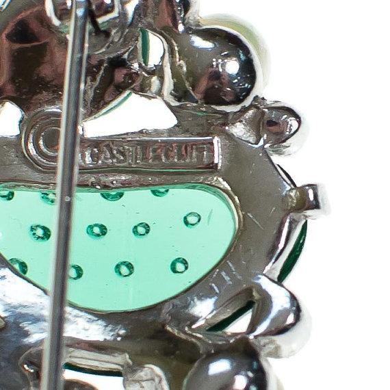 Vintage Castlecliff Brooch Emerald Turquoise Lucite, Jade Green, Faux Pearls by 1960s - Vintage Meet Modern Vintage Jewelry - Chicago, Illinois - #oldhollywoodglamour #vintagemeetmodern #designervintage #jewelrybox #antiquejewelry #vintagejewelry