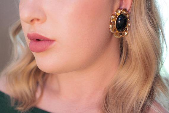 Vintage Karl Lagerfeld Black and Gold Statement Earrings by Karl Lagerfeld - Vintage Meet Modern Vintage Jewelry - Chicago, Illinois - #oldhollywoodglamour #vintagemeetmodern #designervintage #jewelrybox #antiquejewelry #vintagejewelry