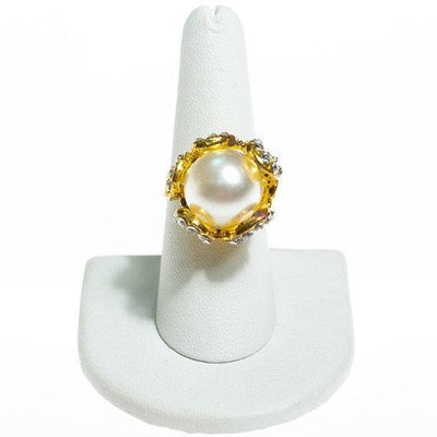 Vintage Faux Pearl and Rhinestones Statement Cocktail Ring, Adjustable by 1960s - Vintage Meet Modern Vintage Jewelry - Chicago, Illinois - #oldhollywoodglamour #vintagemeetmodern #designervintage #jewelrybox #antiquejewelry #vintagejewelry