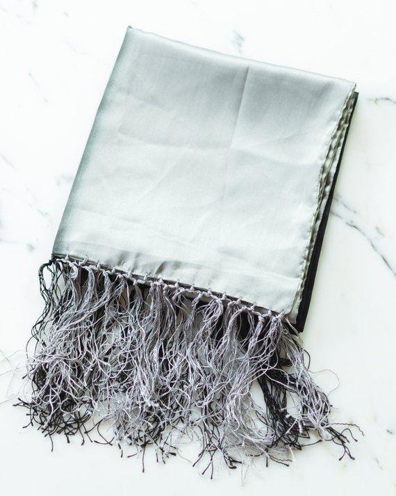 MNG Black and Gray Silky Evening Wrap, Fringe by 1980s - Vintage Meet Modern Vintage Jewelry - Chicago, Illinois - #oldhollywoodglamour #vintagemeetmodern #designervintage #jewelrybox #antiquejewelry #vintagejewelry