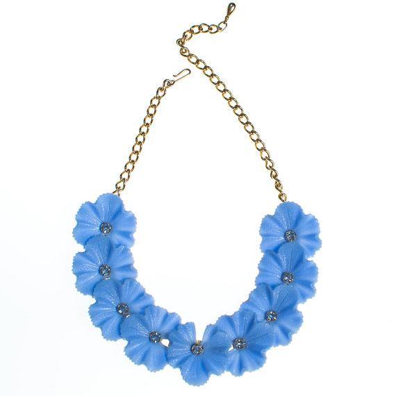 Blue Lucite Necklace with Pale Blue Rhinestones, Gold Tone, J Hook Clasp by 1950s - Vintage Meet Modern Vintage Jewelry - Chicago, Illinois - #oldhollywoodglamour #vintagemeetmodern #designervintage #jewelrybox #antiquejewelry #vintagejewelry