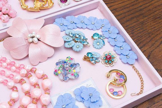 1950's Lucite Earrings, Blue Rhinestones, Clip On, Gold Tone by 1950s - Vintage Meet Modern Vintage Jewelry - Chicago, Illinois - #oldhollywoodglamour #vintagemeetmodern #designervintage #jewelrybox #antiquejewelry #vintagejewelry