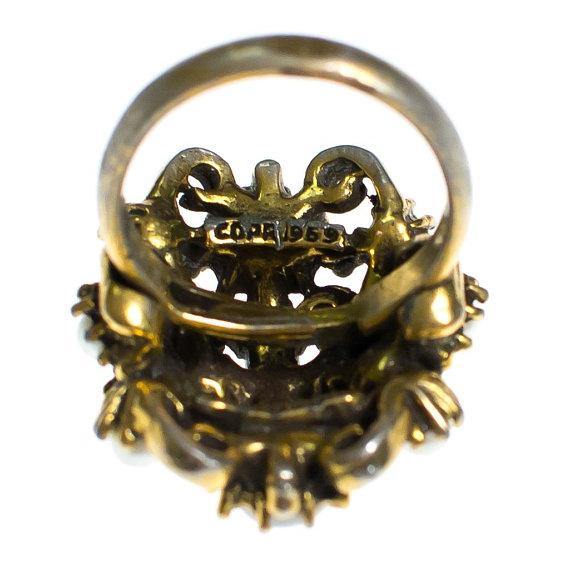 Hollycraft Adjustable Ring, Faux Seed Pearls, Opaline, Rhinestones, Gold Tone by 1950s - Vintage Meet Modern Vintage Jewelry - Chicago, Illinois - #oldhollywoodglamour #vintagemeetmodern #designervintage #jewelrybox #antiquejewelry #vintagejewelry