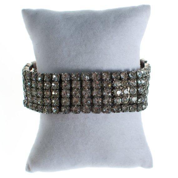 Vintage Art Deco Wide Clear Diamante Rhinestone Bracelet, Rhodium Plated Silver Tone, 1940s Era by Art Deco - Vintage Meet Modern Vintage Jewelry - Chicago, Illinois - #oldhollywoodglamour #vintagemeetmodern #designervintage #jewelrybox #antiquejewelry #vintagejewelry