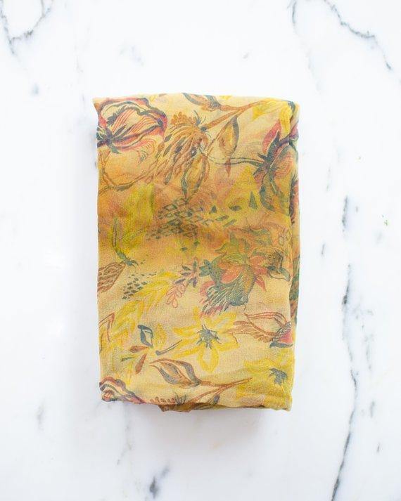 Sheer Floral Scarf Gold with Blue, Red, and Earth Tone Flowers by Sheer Floral - Vintage Meet Modern Vintage Jewelry - Chicago, Illinois - #oldhollywoodglamour #vintagemeetmodern #designervintage #jewelrybox #antiquejewelry #vintagejewelry