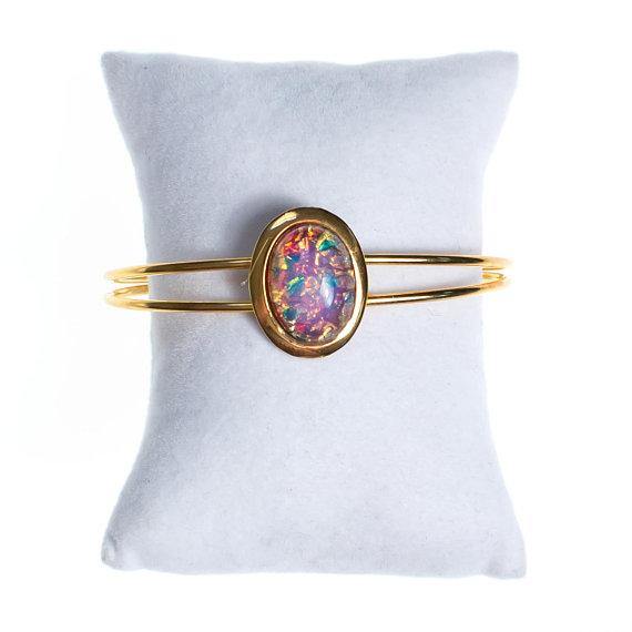 Vintage Gold Czech Opal Glass Cuff Bracelet Adjustable Harlequin Glass Fire Opal by 1960s - Vintage Meet Modern Vintage Jewelry - Chicago, Illinois - #oldhollywoodglamour #vintagemeetmodern #designervintage #jewelrybox #antiquejewelry #vintagejewelry