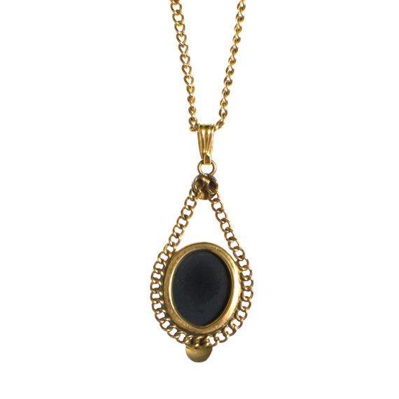 Vintage 1940s Jet Black Glass Cabochon Petite Dainty Pendant Necklace Gold Filled by 1940s - Vintage Meet Modern Vintage Jewelry - Chicago, Illinois - #oldhollywoodglamour #vintagemeetmodern #designervintage #jewelrybox #antiquejewelry #vintagejewelry