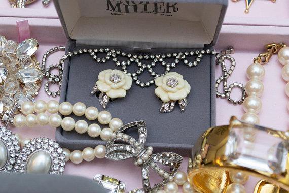Vintage Nolan Miller Camelia Earrings With Diamante Crystals, Clip On by Nolan Miller - Vintage Meet Modern Vintage Jewelry - Chicago, Illinois - #oldhollywoodglamour #vintagemeetmodern #designervintage #jewelrybox #antiquejewelry #vintagejewelry