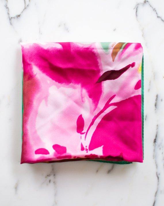 Talbots Floral Orchid 100% Silk Scarf, Vibrant Colors, Pink, Green, and Yellow by Talbots - Vintage Meet Modern Vintage Jewelry - Chicago, Illinois - #oldhollywoodglamour #vintagemeetmodern #designervintage #jewelrybox #antiquejewelry #vintagejewelry