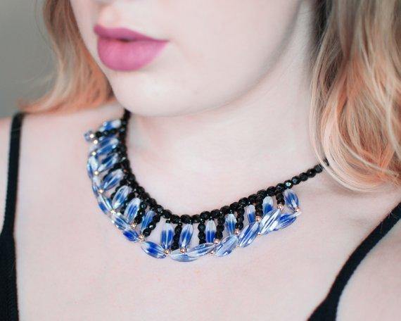 Black and Blue Vintage Glass Beaded Necklace, Glass Beads, Vintage Necklace, Silver Tone Beads by 1950s - Vintage Meet Modern Vintage Jewelry - Chicago, Illinois - #oldhollywoodglamour #vintagemeetmodern #designervintage #jewelrybox #antiquejewelry #vintagejewelry