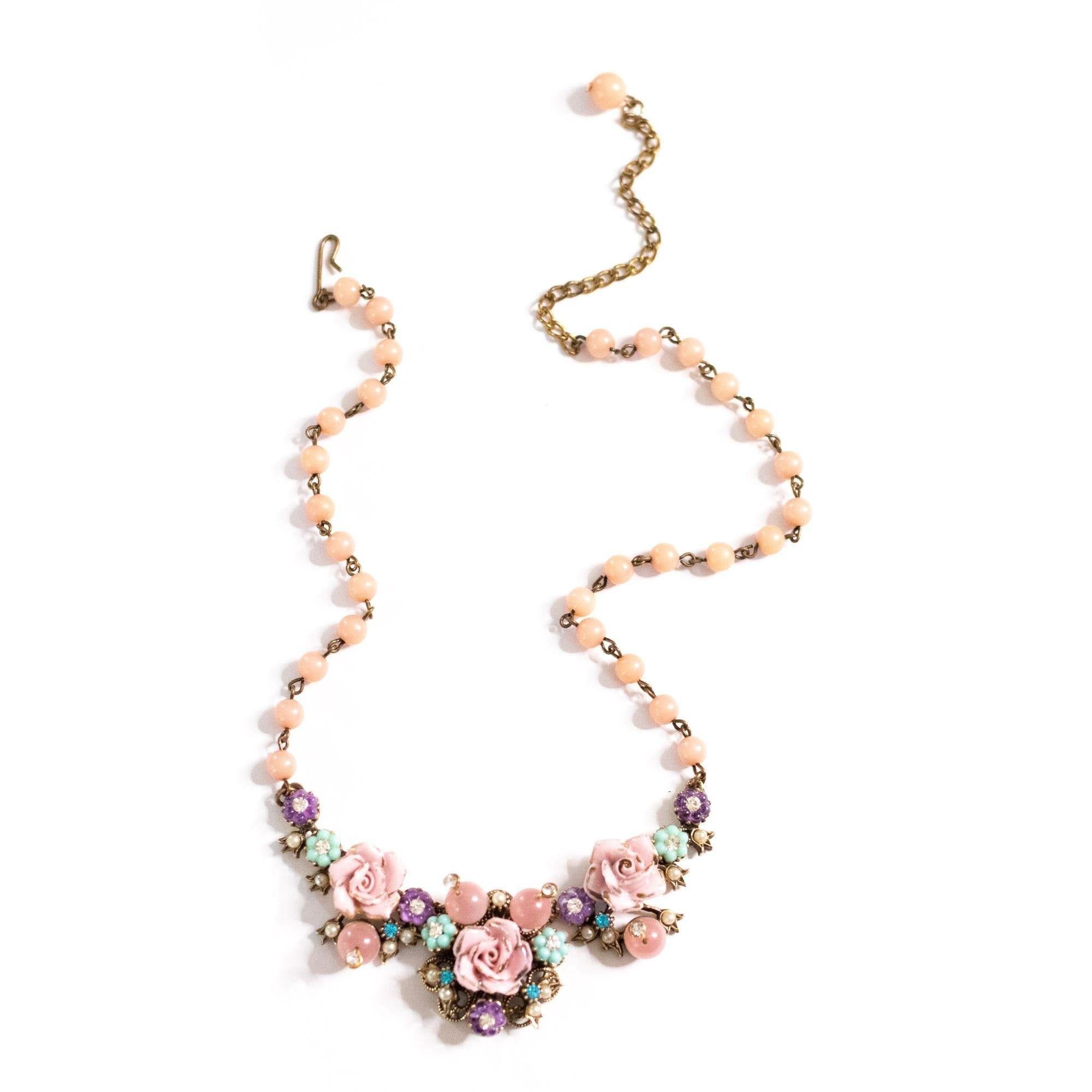 Vintage Porcelain Pink Rose Necklace with Glass Beads and Rhinestones by Unsigned Beauty - Vintage Meet Modern Vintage Jewelry - Chicago, Illinois - #oldhollywoodglamour #vintagemeetmodern #designervintage #jewelrybox #antiquejewelry #vintagejewelry