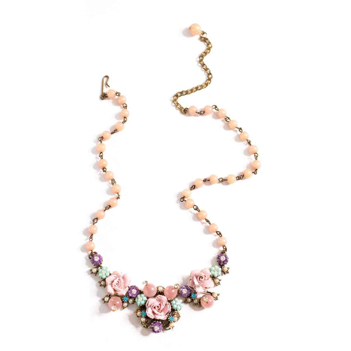 Vintage Porcelain Pink Rose Necklace with Glass Beads and Rhinestones
