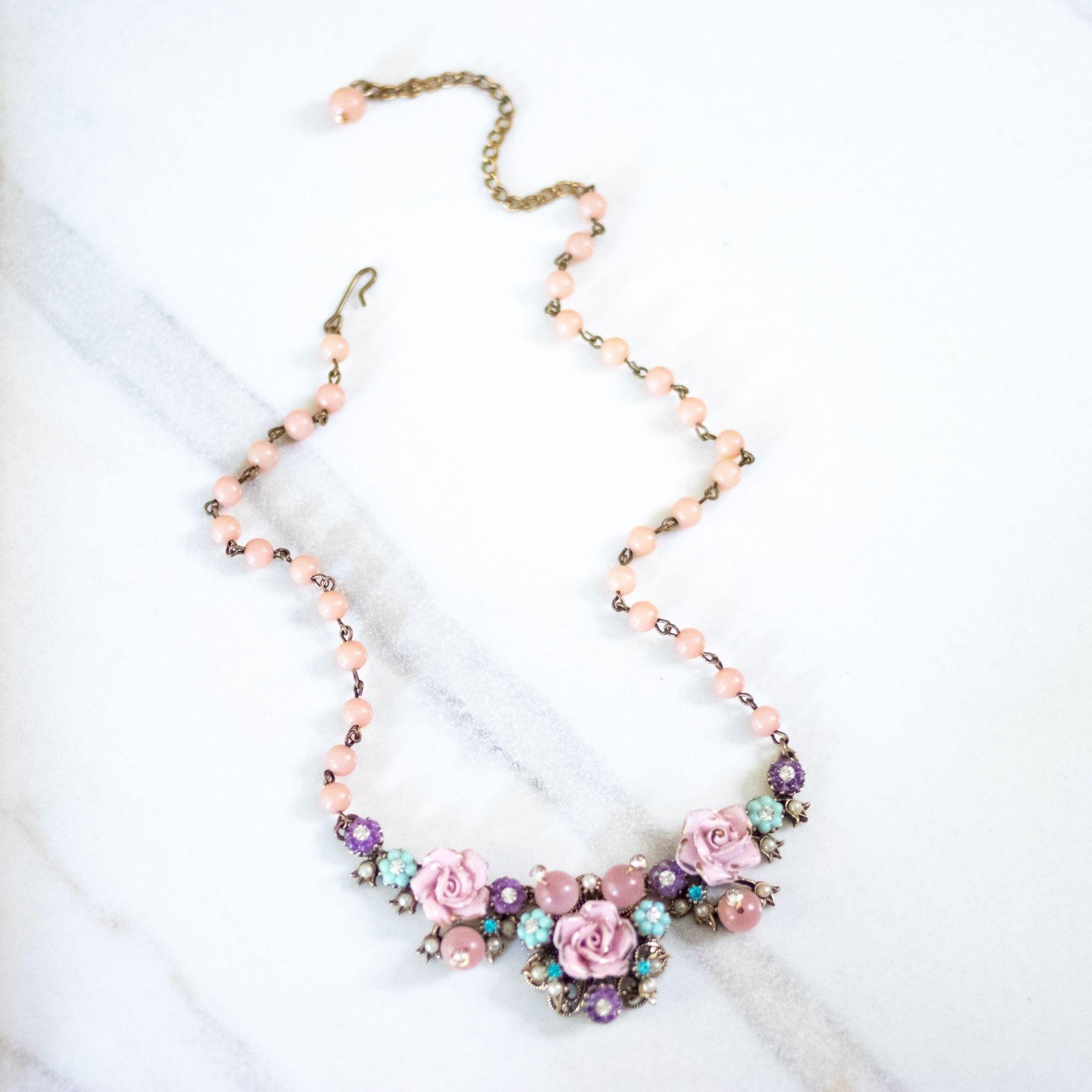 Vintage Porcelain Pink Rose Necklace with Glass Beads and Rhinestones by Unsigned Beauty - Vintage Meet Modern Vintage Jewelry - Chicago, Illinois - #oldhollywoodglamour #vintagemeetmodern #designervintage #jewelrybox #antiquejewelry #vintagejewelry