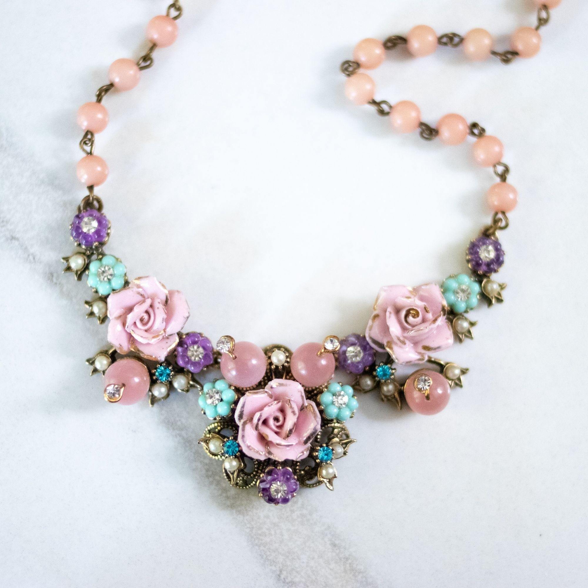 Vintage Porcelain Pink Rose Necklace with Glass Beads and Rhinestones by Unsigned Beauty - Vintage Meet Modern Vintage Jewelry - Chicago, Illinois - #oldhollywoodglamour #vintagemeetmodern #designervintage #jewelrybox #antiquejewelry #vintagejewelry