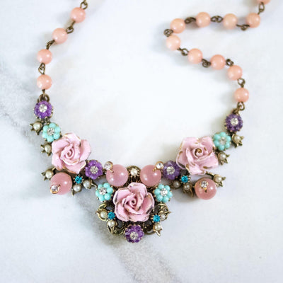 Vintage Porcelain Pink Rose Necklace with Glass Beads and Rhinestones by Unsigned Beauty - Vintage Meet Modern Vintage Jewelry - Chicago, Illinois - #oldhollywoodglamour #vintagemeetmodern #designervintage #jewelrybox #antiquejewelry #vintagejewelry