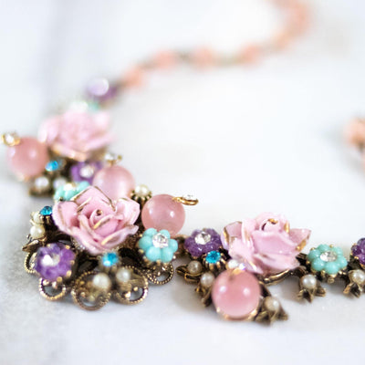 Vintage Porcelain Pink Rose Necklace with Glass Beads and Rhinestones by Unsigned Beauty - Vintage Meet Modern Vintage Jewelry - Chicago, Illinois - #oldhollywoodglamour #vintagemeetmodern #designervintage #jewelrybox #antiquejewelry #vintagejewelry